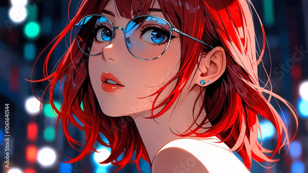 Fototapeta A vibrant anime-style portrait of a red-haired woman with beautiful eyes and blue sunglasses. She embodies both coolness and cuteness. Exuding a modern and energetic aesthetic.