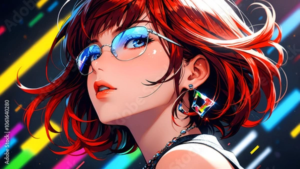 Fototapeta A vibrant anime-style portrait of a red-haired woman with beautiful eyes and blue sunglasses. She embodies both coolness and cuteness. Exuding a modern and energetic aesthetic.