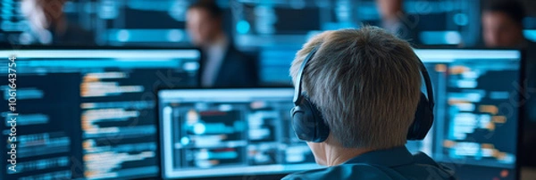 Obraz A focused individual wearing headphones is engaged in monitoring multiple computer screens displaying code and data, creating high tech atmosphere