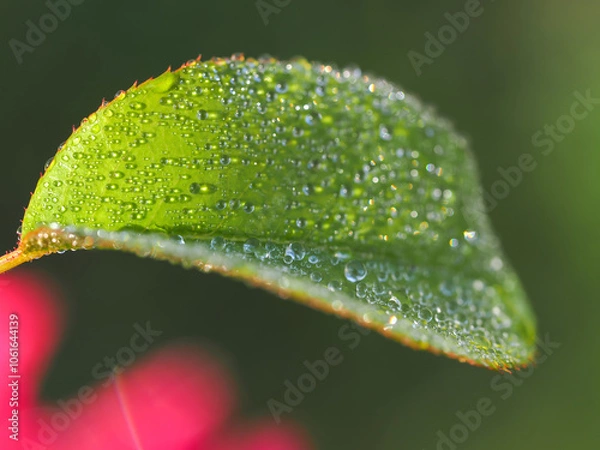 Fototapeta Dew drop on green rose leaf, macro shot