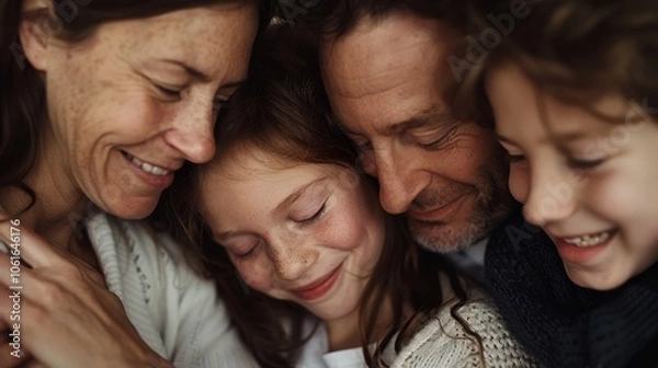 Fototapeta A loving family huddled together, their faces full of joy and warmth, savoring a moment of closeness and happiness.