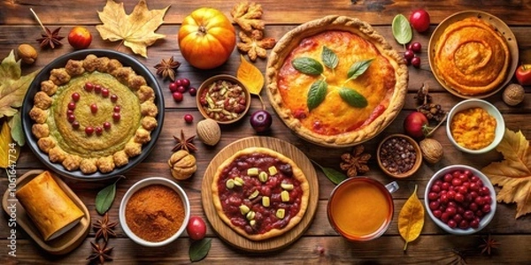 Fototapeta A rustic autumnal table setting with a variety of pies, a pumpkin, dried cranberries, spices, and a cup of pumpkin soup