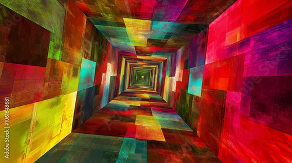 Fototapeta Vibrant abstract tunnel artwork featuring colorful geometric patterns and a sense of depth inspired by modern digital art