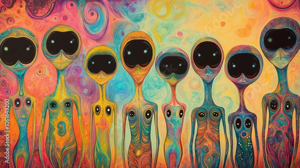 Fototapeta Colorful depiction of extraterrestrial beings in a cosmic landscape surrounded by vibrant patterns and hues
