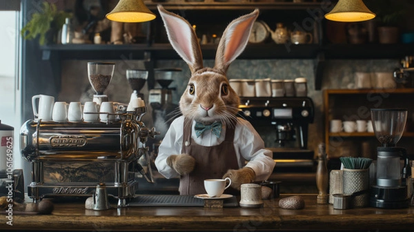 Fototapeta A rabbit barista expertly brews coffee in a rustic café setting while customers enjoy a cozy atmosphere during the afternoon