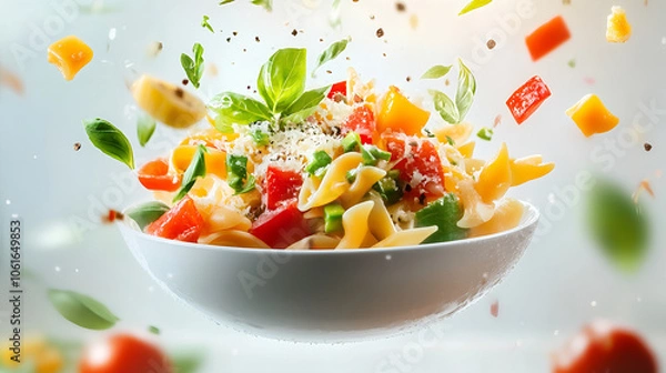 Obraz A bowl of vegetarian pasta tossed in the air, showcasing an explosion of colorful vegetables and fresh basil