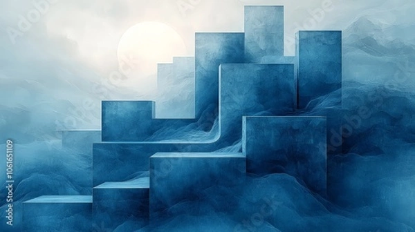 Obraz Abstract blue geometric structures rise amidst a misty landscape under a soft sun.