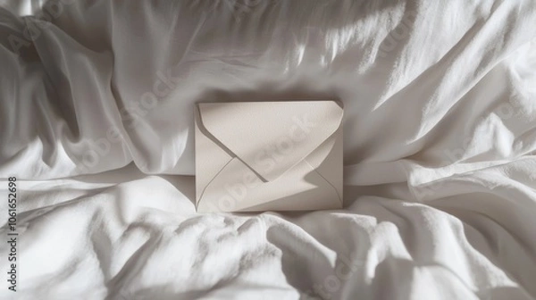 Fototapeta Elegant Blank Envelope on Soft White Bedding in Natural Light