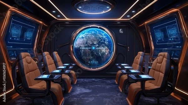 Fototapeta Futuristic Spacecraft Control Room with Earth View Through Circular Window