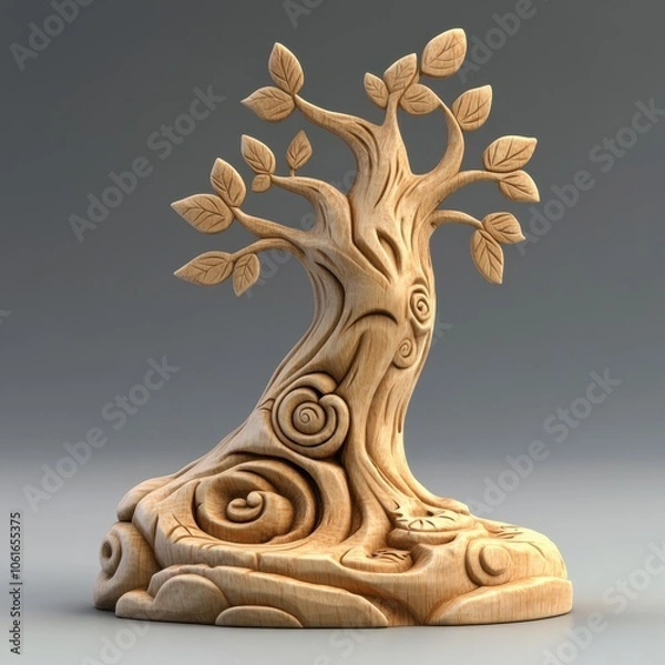 Fototapeta Whimsical Wooden Tree Sculpture with Swirling Branches and Leaves
