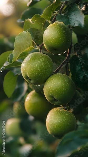 Fototapeta Fresh green apples glistening with dew on a tree branch.