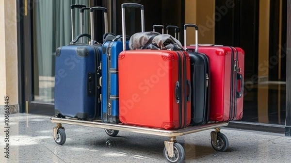 Fototapeta Luggage Cart Loaded with Colorful Suitcases in Hotel Lobby Setting