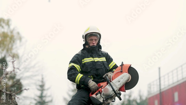 Fototapeta A firefighter works in extreme conditions, wearing protective clothing and a helmet, demonstrating professionalism and precision. A fireman cuts metal with a special tool, causing a powerful stream of