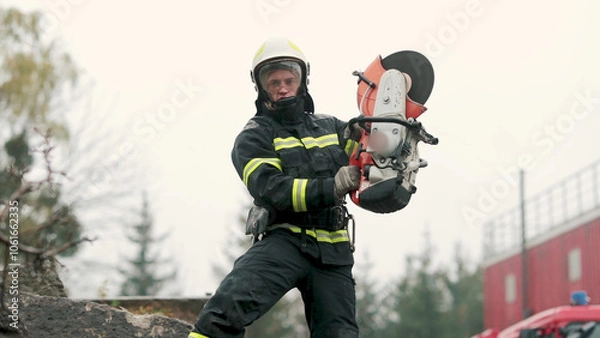 Fototapeta A firefighter works in extreme conditions, wearing protective clothing and a helmet, demonstrating professionalism and precision. A fireman cuts metal with a special tool, causing a powerful stream of