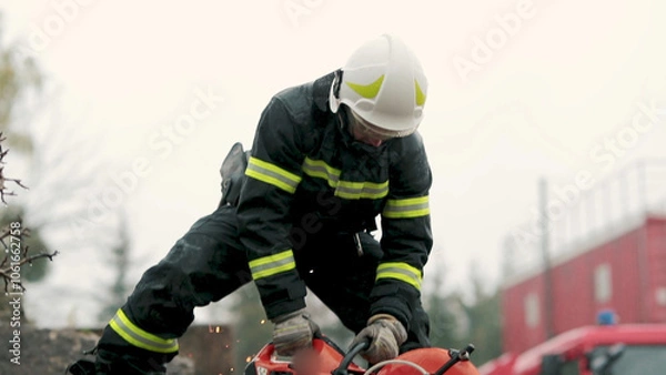 Fototapeta A firefighter works in extreme conditions, wearing protective clothing and a helmet, demonstrating professionalism and precision. A fireman cuts metal with a special tool, causing a powerful stream of