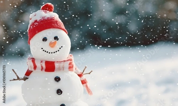 Fototapeta Joyful snowman adorned with a winter hat and scarf smiling, Generative AI 