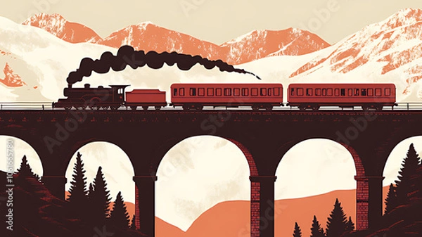 Obraz A vintage steam train travels across a bridge through snow-capped mountains.