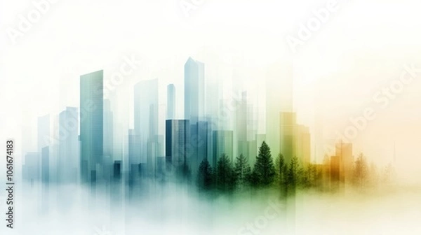 Fototapeta Futuristic cityscape blending with nature in a misty, serene atmosphere, AI