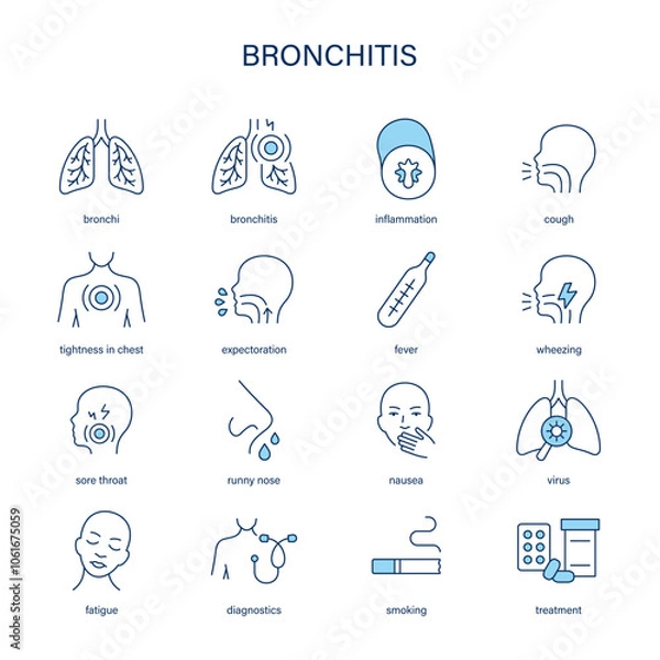 Fototapeta Bronchitis symptoms, diagnostic and treatment vector icon set. Medical icons.