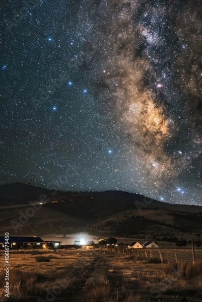 Fototapeta The night sky with the milky way shining brightly over a small town, great for use in astronomy or travel scenes