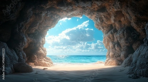 Fototapeta A large rock cave with a blue sky and ocean in the background
