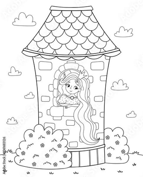 Fototapeta Coloring book and page for children. Fairy Tale scene with cute princess in the tower black and white illustration. Vector illustration in a cartoon style.