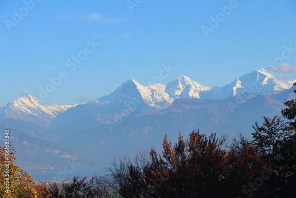 Obraz Eiger, Mönch and Jungfrau, lake Thun in the foreground