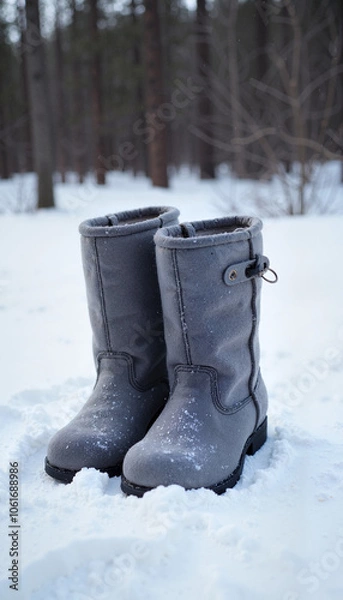 Fototapeta Pair of gray felt boots standing in fresh snow, winter forest background