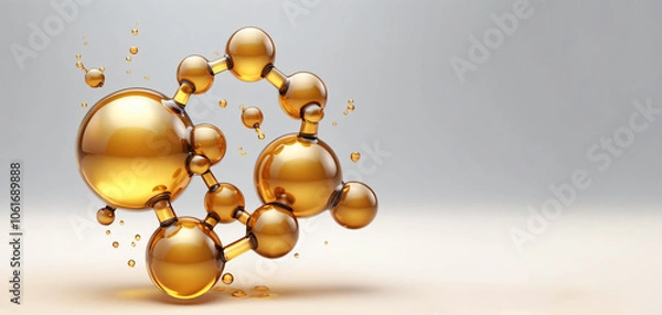 Obraz Golden liquid oil transparent molecular background, 3d rendering, on a light background, with space for copy and paste. Excellent background for cosmetic, pharmacological products