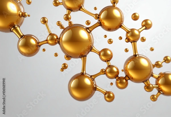 Obraz Golden liquid oil transparent molecular background, 3d rendering, on a light background. Excellent background for cosmetic, pharmacological products