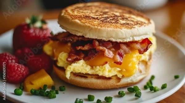 Fototapeta A breakfast sandwich loaded with scrambled eggs, cheese and bacon, served on a toasted English muffin with a side of fruit.