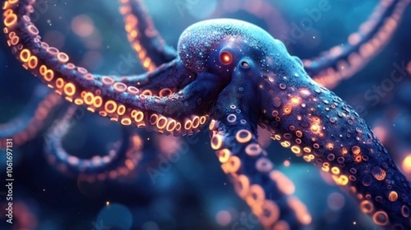 Obraz squid's tentacles extending toward the viewer, each limb adorned with tiny glowing orbs that pulse with light.