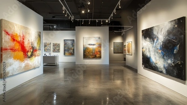 Fototapeta A contemporary art gallery with a collection of bold abstract paintings and mixed media works, drawing in visitors to explore modern themes