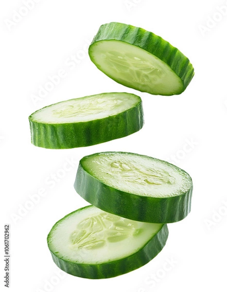 Fototapeta Fresh cucumber slices falling on transparent background