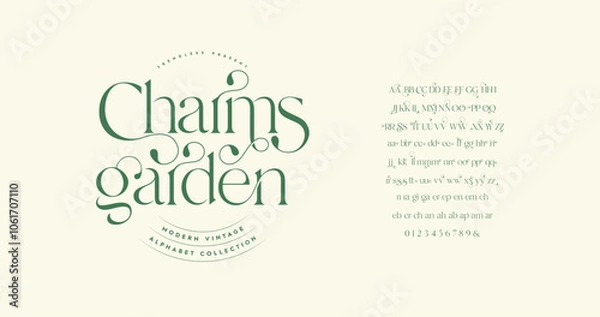 Obraz Charms Garden: Classic minimal typography with a modern serif touch. Elegant letters, ligatures, and numbers perfect for fashion and luxury designs. Vector illustration.