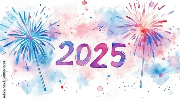 Fototapeta Colorful fireworks celebrate the arrival of the New Year 2025 with vibrant splashes of color and festive atmosphere. Watercolor background, creating a joyful and celebratory mood.