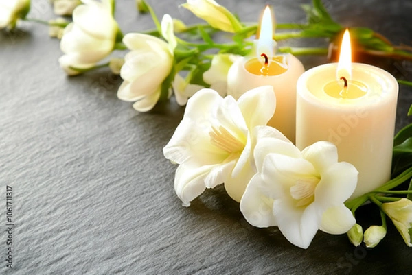 Fototapeta White candles burning alongside delicate white flowers on a dark slate background, creating a peaceful and serene atmosphere