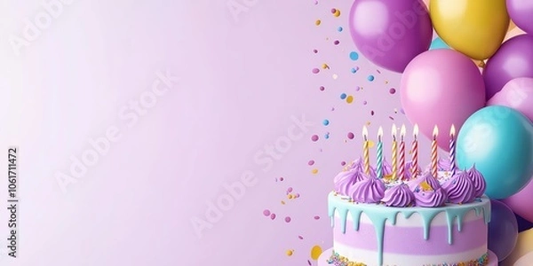 Fototapeta birthday party balloons, colourful balloons background and birthday cake created by ai