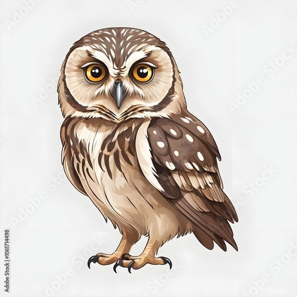 Fototapeta Illustration drawing of a brown owl in partial side view portrait on white background (isolated).