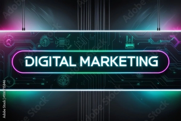 Fototapeta Neon 'DIGITAL MARKETING' text with tech symbols on a dark, high-tech background, ideal for modern business and digital advertising