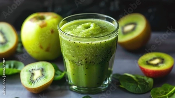Fototapeta A refreshing green smoothie featuring kiwi slices, apples, and spinach on a wooden background, showcasing health and vitality.