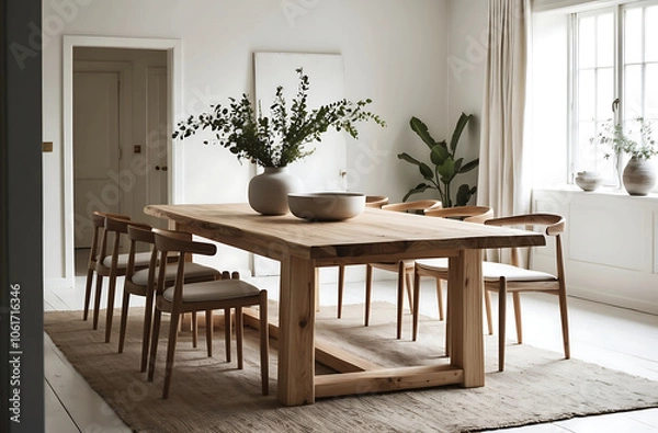 Obraz Dining room interior with natural wooden table in trendy minimal japandi style