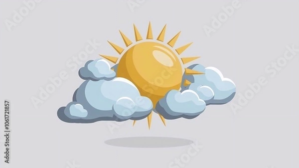 Fototapeta Vector weather partly cloudy day illustration of cloud with sun on white background with shadow. 3d cartoon style design of shine yellow color sun with fluffy cloud
