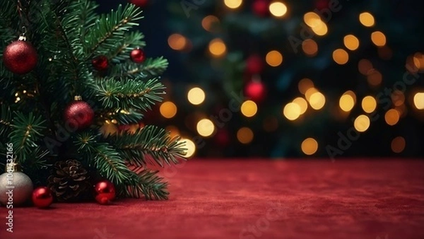 Fototapeta Christmas background and Christmas tree and sparkling bokeh lights in winter, merry christmas card holiday Happy New Year, space for text on red background 