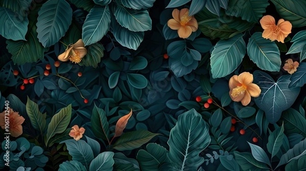 Fototapeta Tropical Foliage with Dark Background and Vibrant Orange Flowers