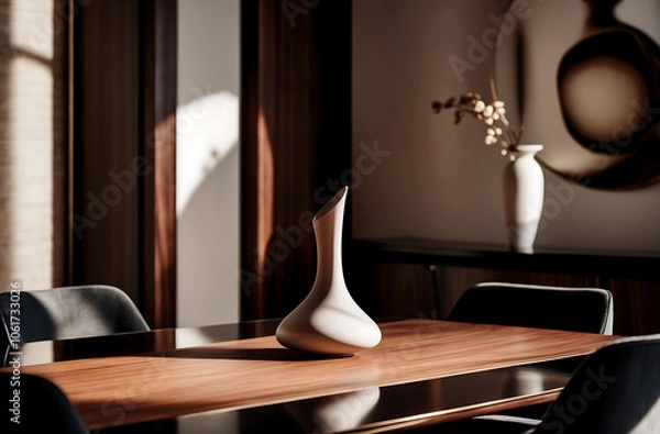Fototapeta Close up details of modern designer touch dining room with wooden details in japandi style