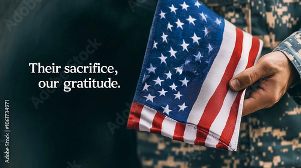 Obraz A respectful Veterans Day or Memorial Day flyer showing a close-up of a folded American flag held by hands in military uniform, with the quote 'Their sacrifice, our gratitude' in bold, classic font.