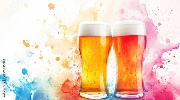 Fototapeta Two glasses of beer are shown against a watercolor background. One glass is filled with a lighter beer, while the other glass is filled. Inviting enjoyment at a summer event or party