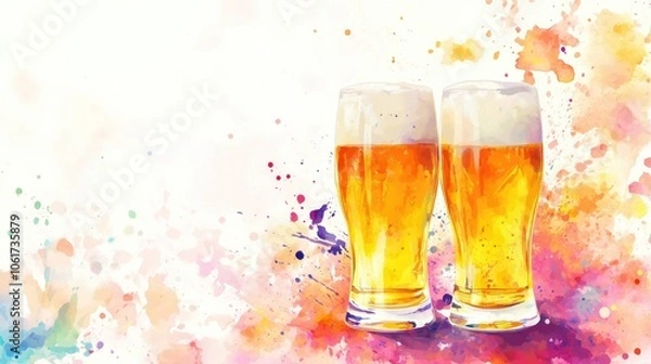 Fototapeta Two glasses of craft beer with colorful splashes in the background, perfect for a summer gathering or celebration. Inviting enjoyment at a summer event or party.