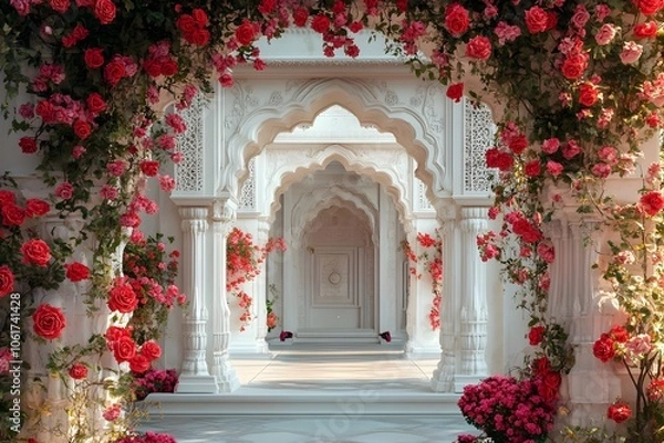 Fototapeta A grand white archway adorned with flowers generative AI